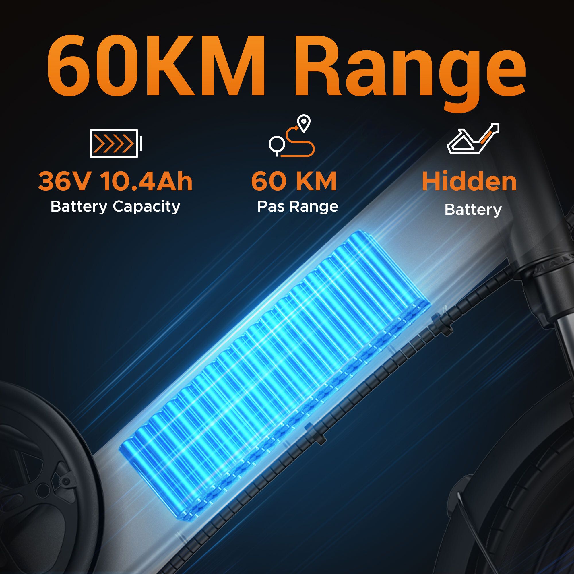 Grafica con testo: Autonomia 60KM. Capacità batteria 36V 10,4Ah. Autonomia 60 KM. Batteria nascosta.