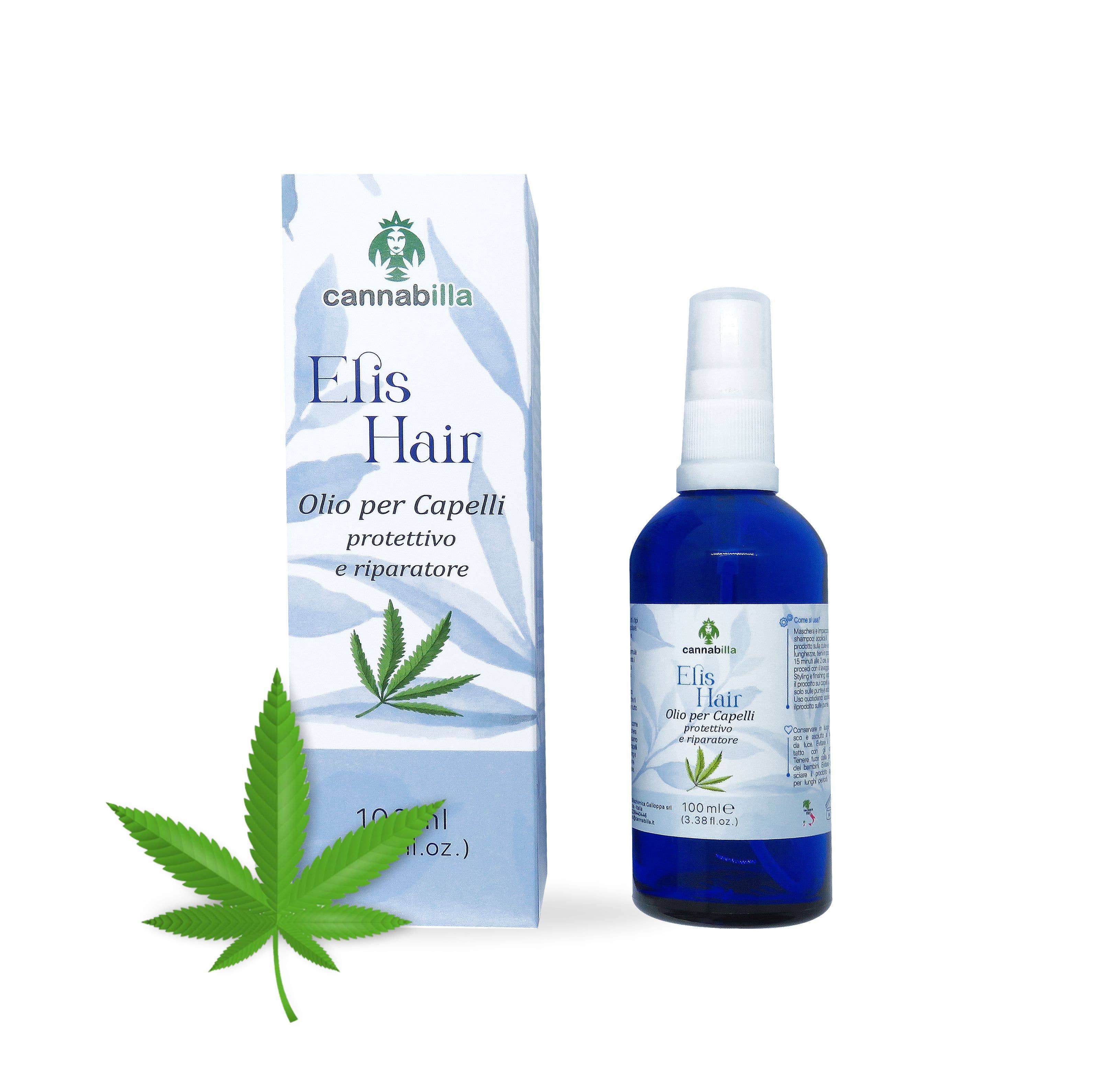 Flacone e confezione. Flacone con 'Cannabilla', 'Elis Hair'. Confezione con logo e nome prodotto. Foglia di cannabis accanto.