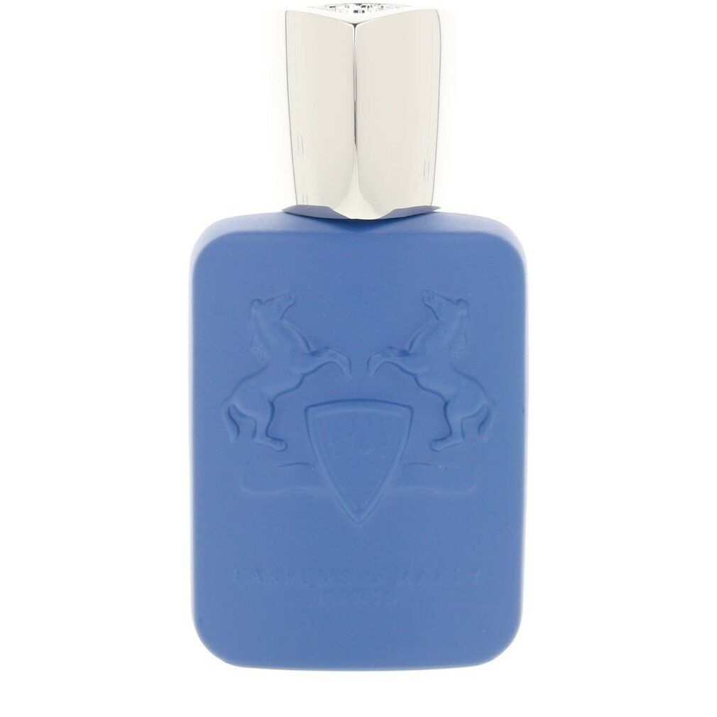Flacone di profumo blu con tappo argentato. Logo in rilievo sul flacone.