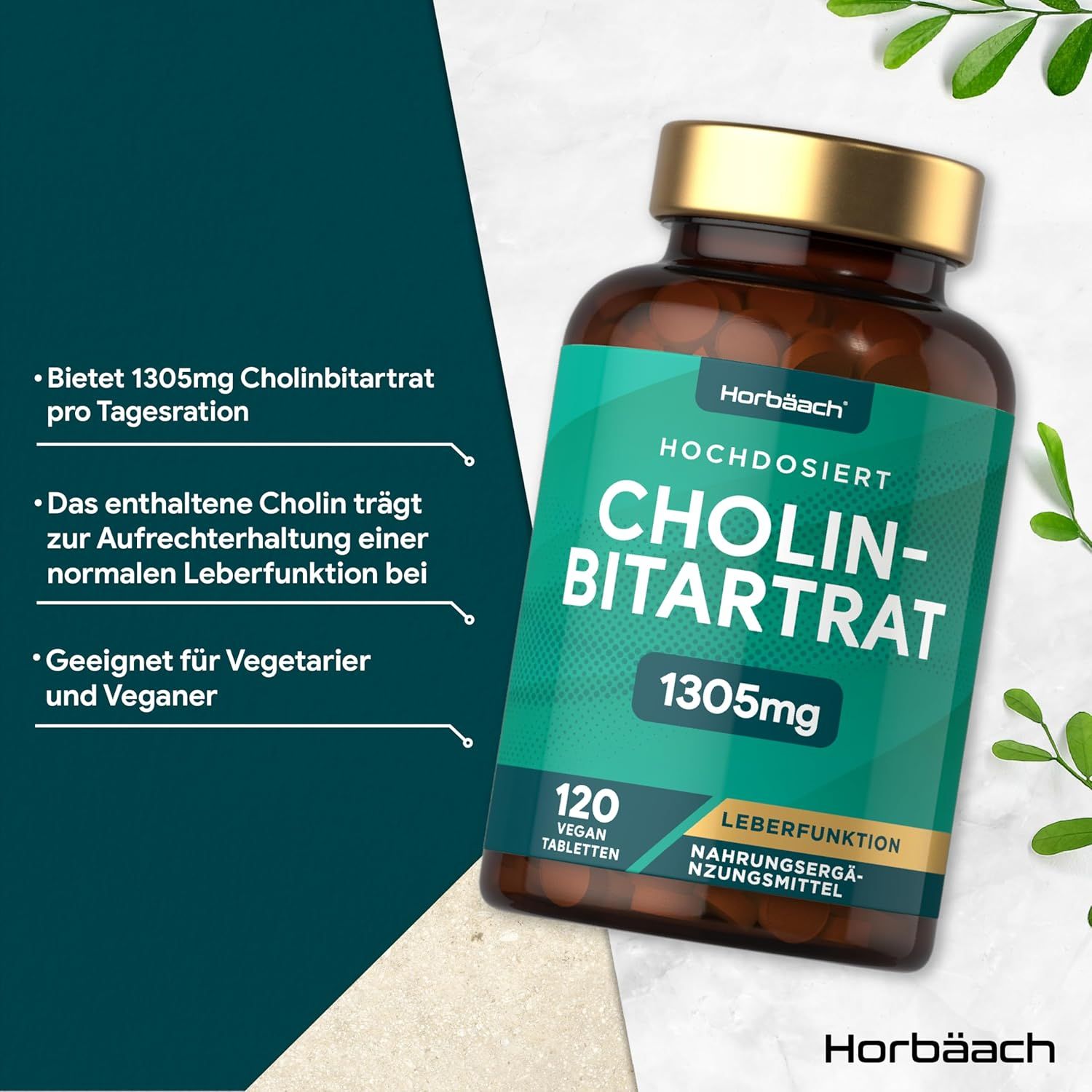 Flacone marrone con testo verde. Compresse di colina bitartrato. 120 compresse, 1305mg. Vegano. Sfondo con foglie.