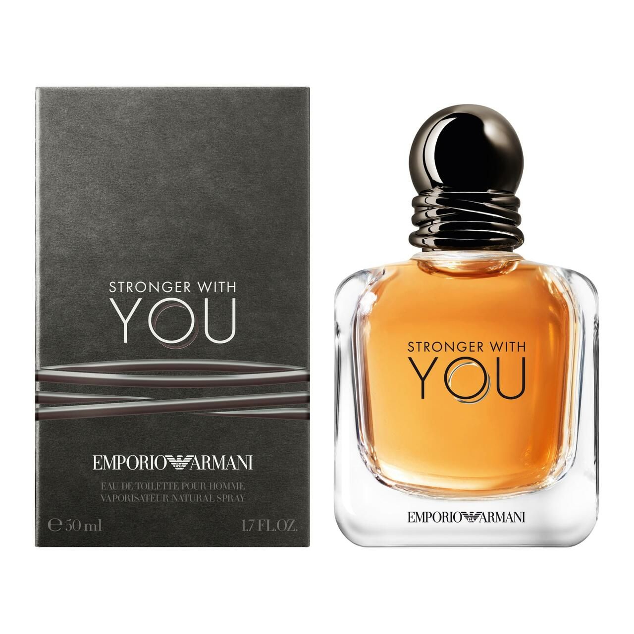 Flacone e confezione Emporio Armani Stronger With You. Tappo nero, scritta. 50 ml.