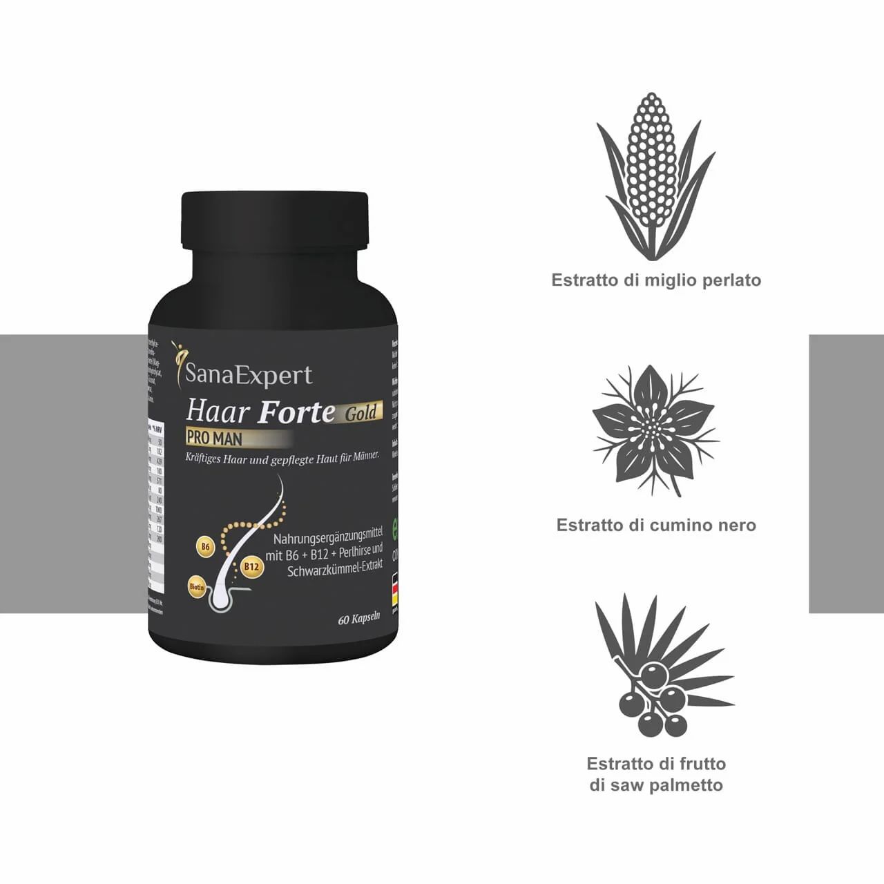Flacone nero SanaExpert Haar Forte Gold Pro Man con illustrazioni degli ingredienti: mais, fiore, bacche.