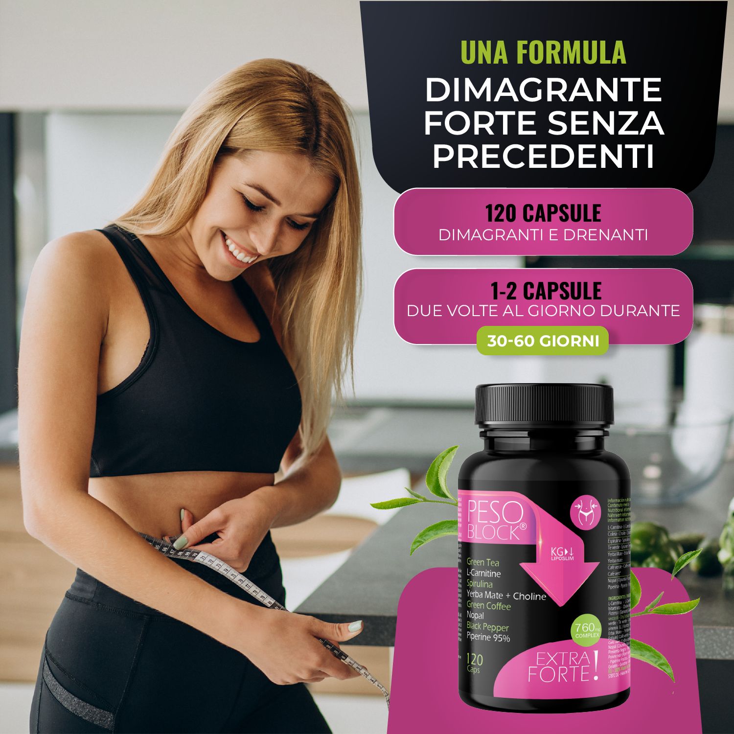 Donna misura la circonferenza addominale. Flacone di capsule sullo sfondo. Testo: 120 capsule, 30-60 giorni.