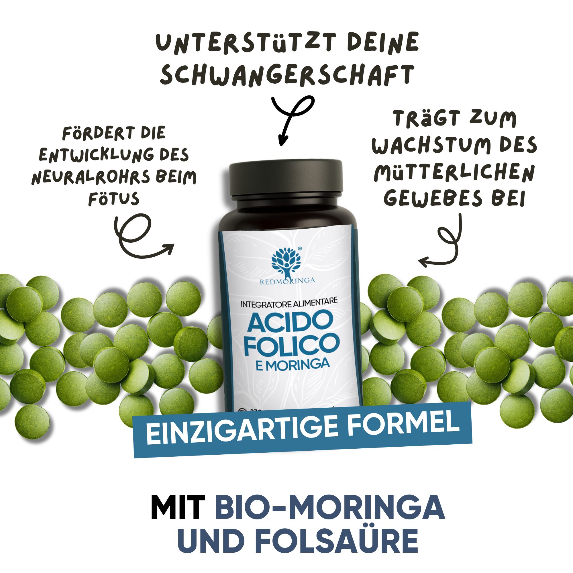 Flacone di acido folico e Moringa, circondato da capsule verdi. "Formula unica".