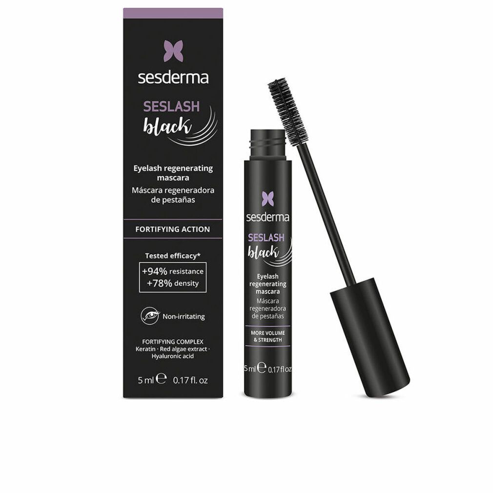 Tubo di mascara nero con spazzola e confezione. Sesderma Seslash Black, testo su tubo e confezione.