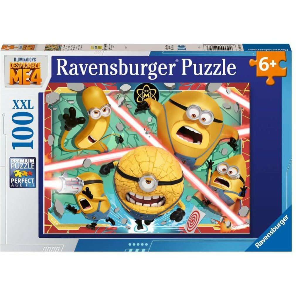Scatola puzzle con Minions. Scritta: Ravensburger Puzzle, Cattivissimo Me 4, 100 pezzi, 6+. Confezione.