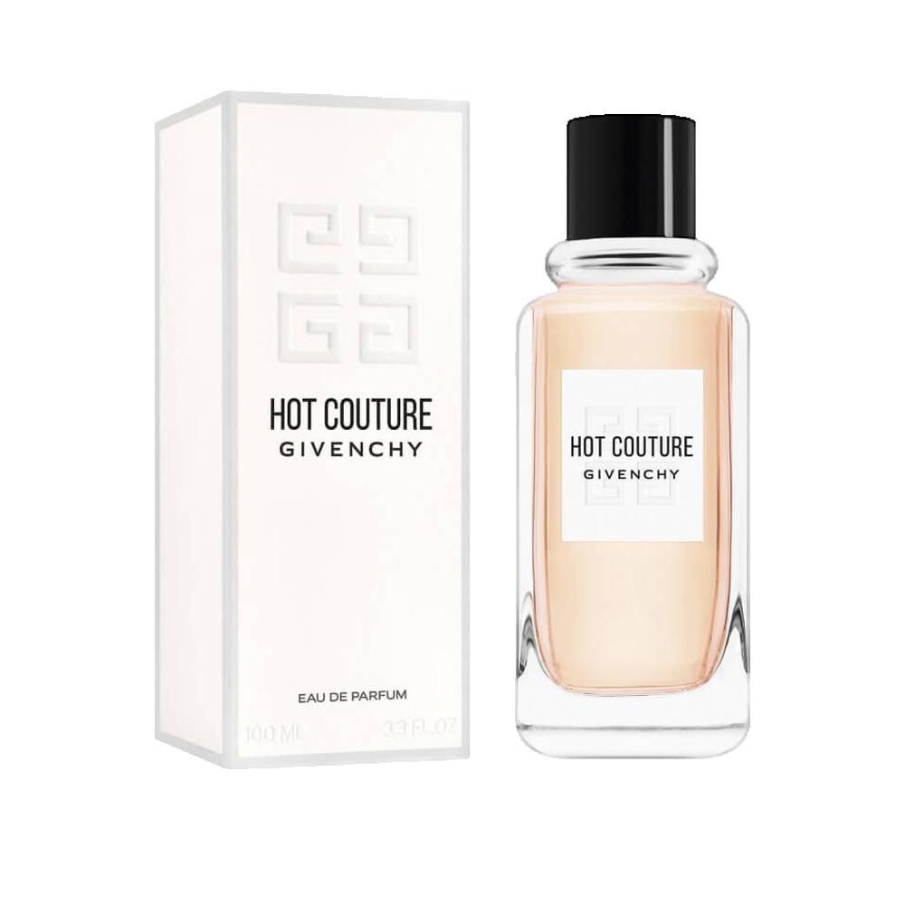 Flacone e confezione Givenchy Hot Couture. Scatola bianca con logo. Flacone con tappo nero. Scritta Hot Couture e Givenchy.