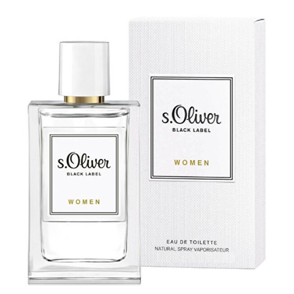 Flacone e confezione di s.Oliver Black Label Women. Etichetta bianca con logo e testo. Eau de Toilette.