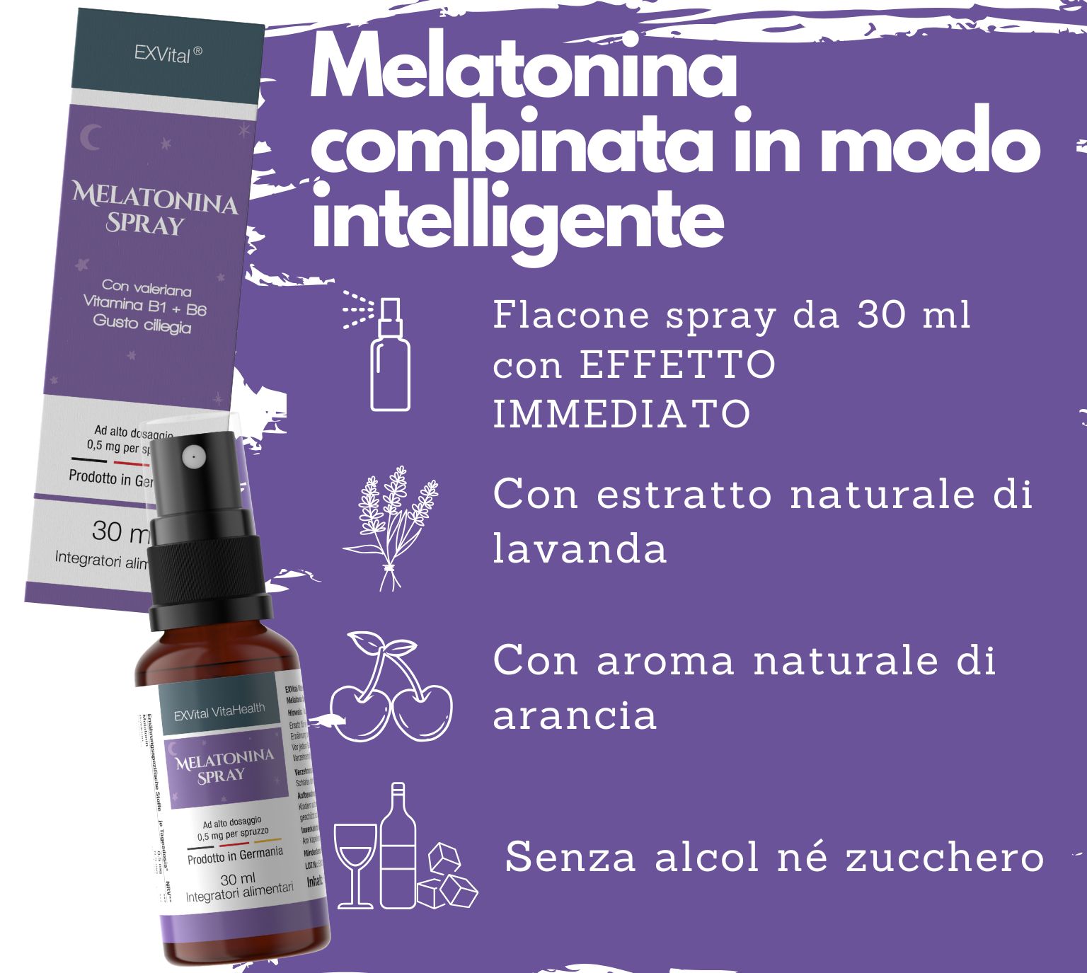 Flacone e confezione EXVital Melatonin Spray, versione italiana con dettagli.