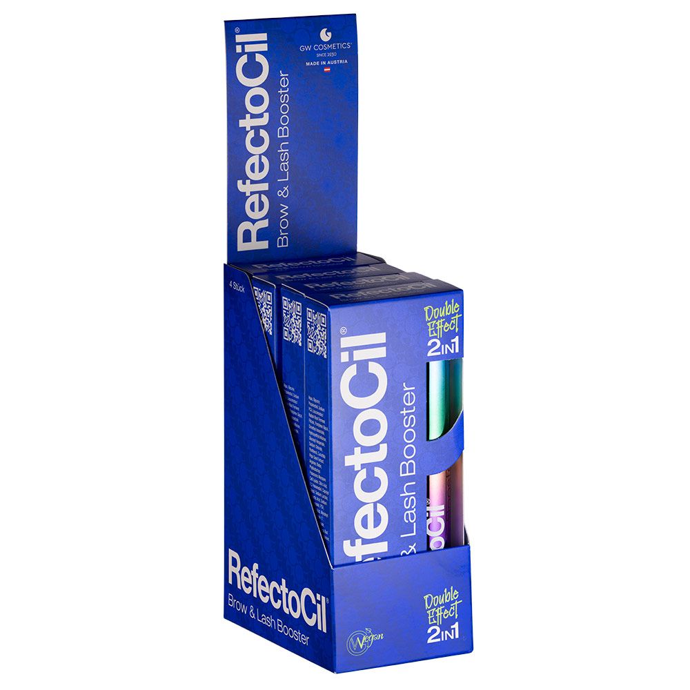 Espositore con confezioni blu per Lash & Brow Booster. Testo: Refectocil Brow & Lash Booster.