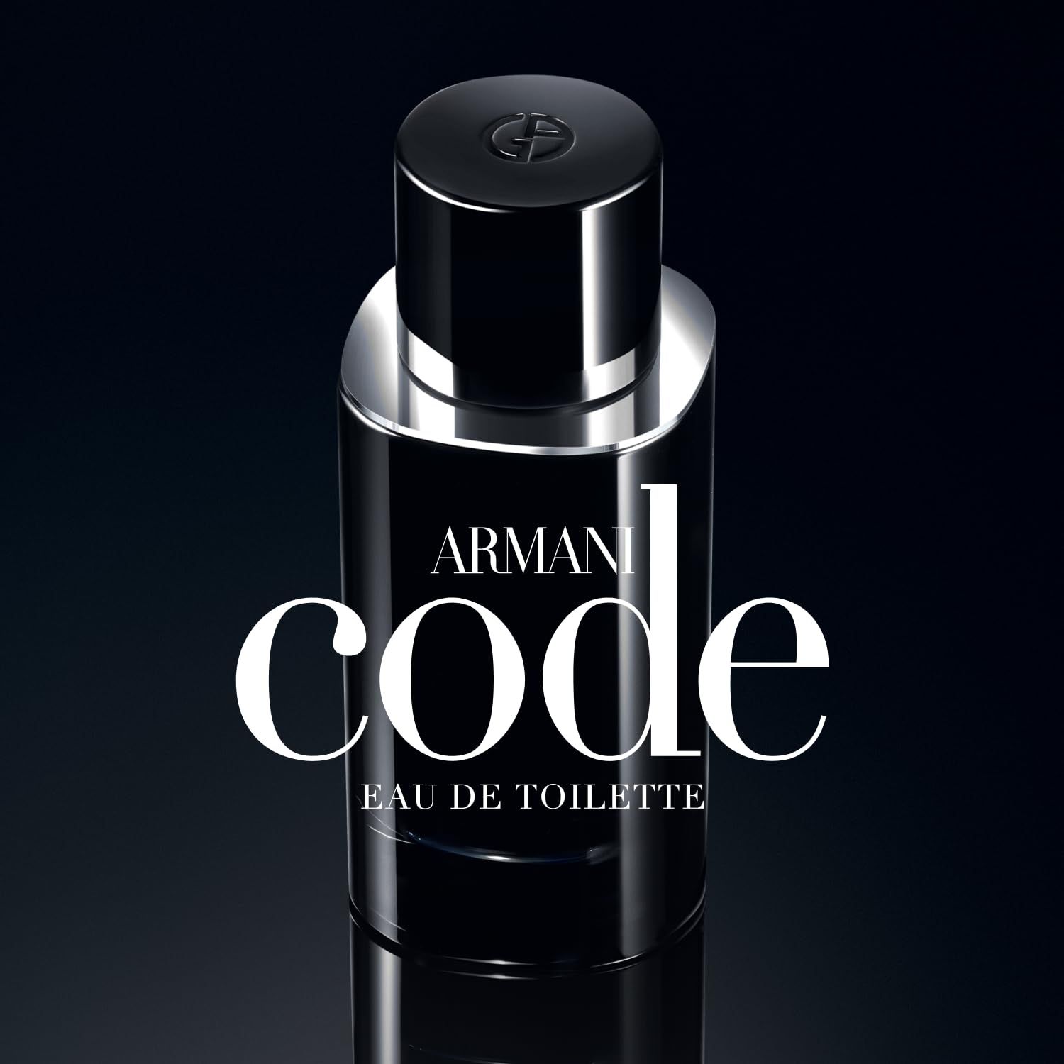 Flacone nero con tappo argentato. Testo: Armani Code Eau de Toilette.