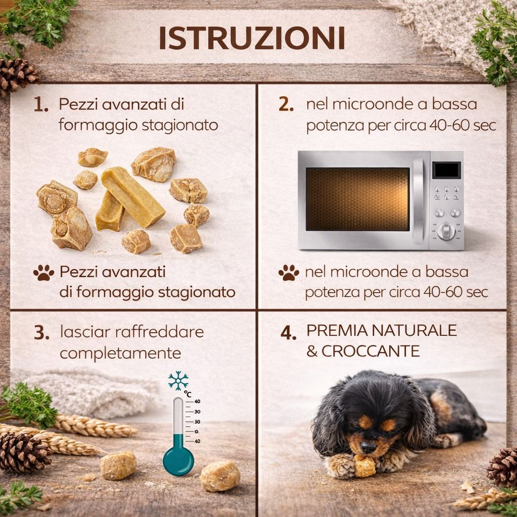 Istruzioni per preparare snack al formaggio. Passaggi: riscaldare gli snack al formaggio nel microonde, lasciare raffreddare. Cane che mastica.