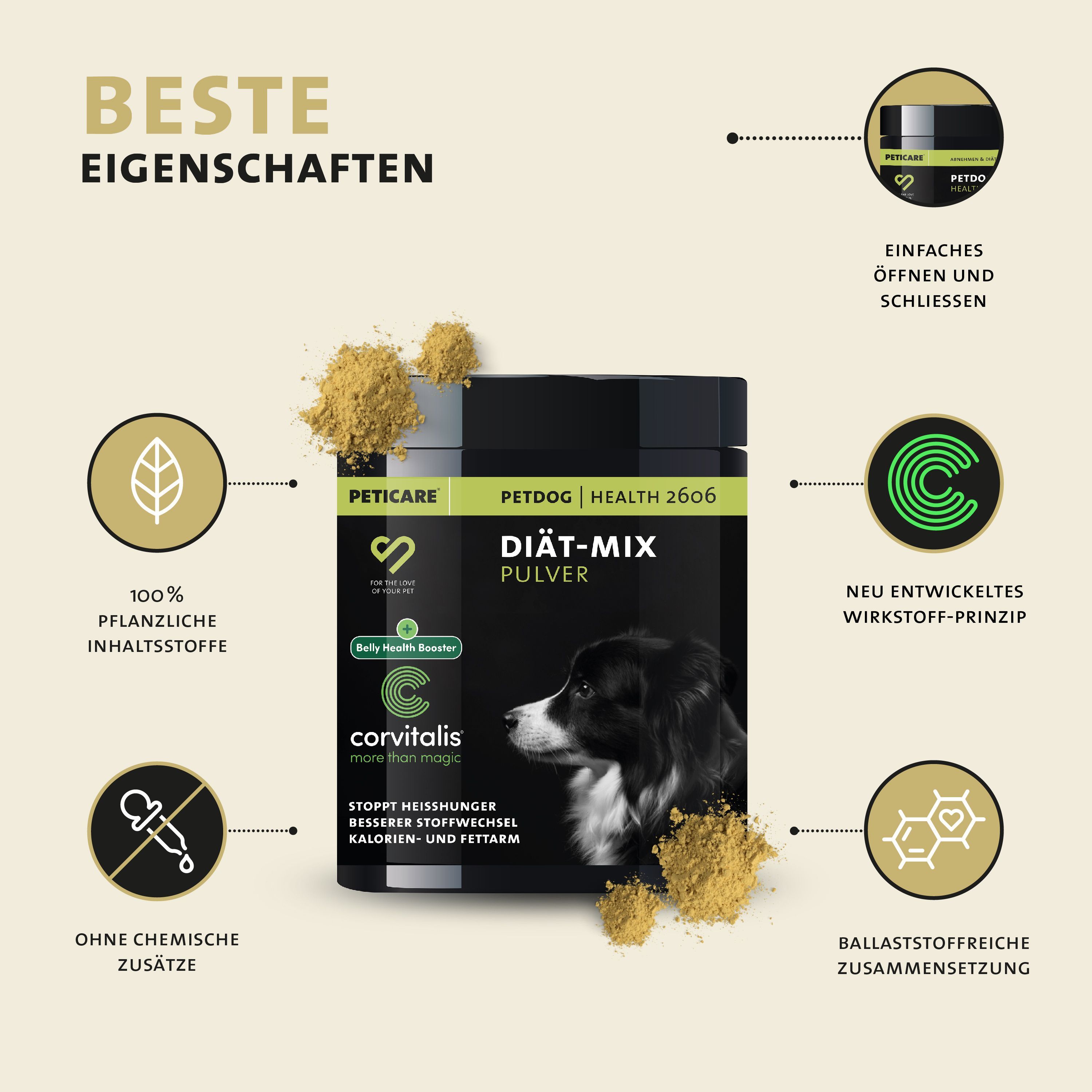 Barattolo Peticare Diät-Mix con infografiche su ingredienti e proprietà.