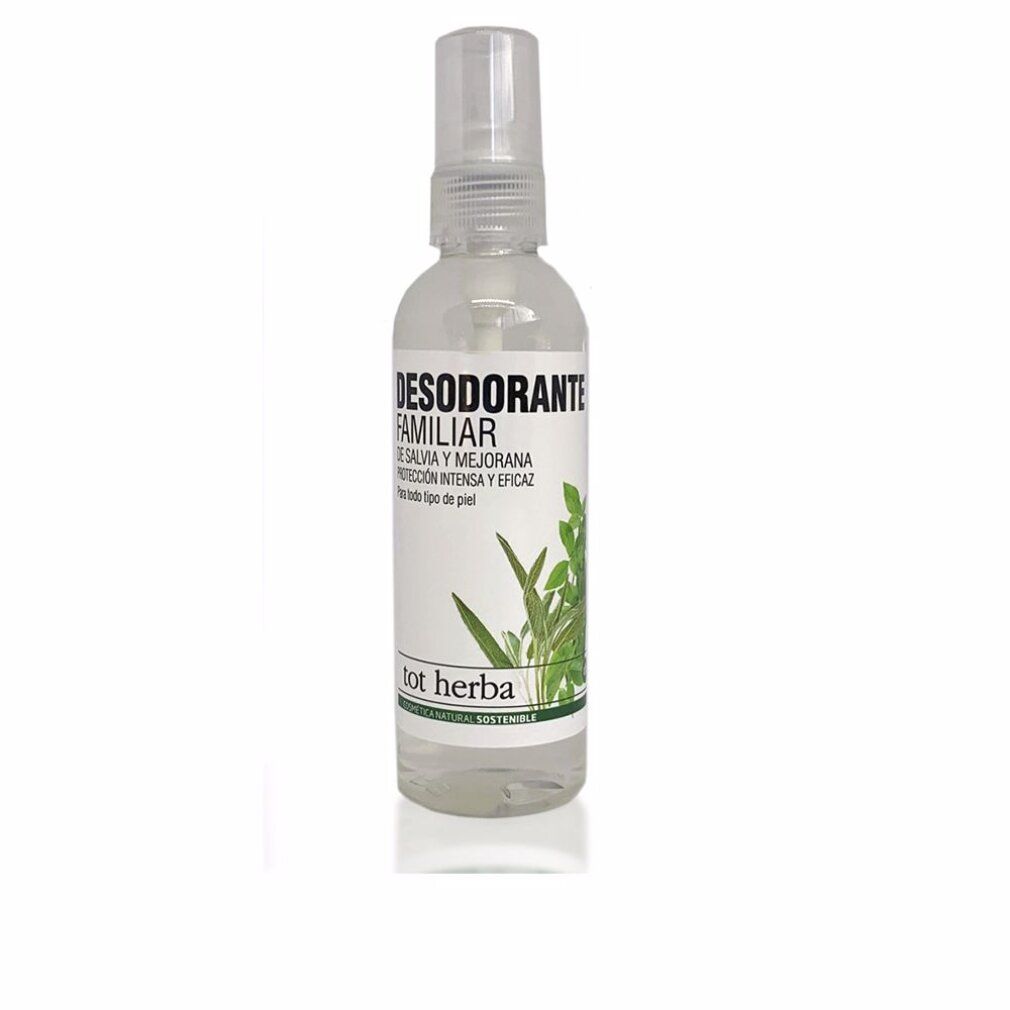 Flacone spray deodorante. Etichetta bianca con testo: Desodorante Familiar, Salvia e Maggiorana. Marchio: tot herba.
