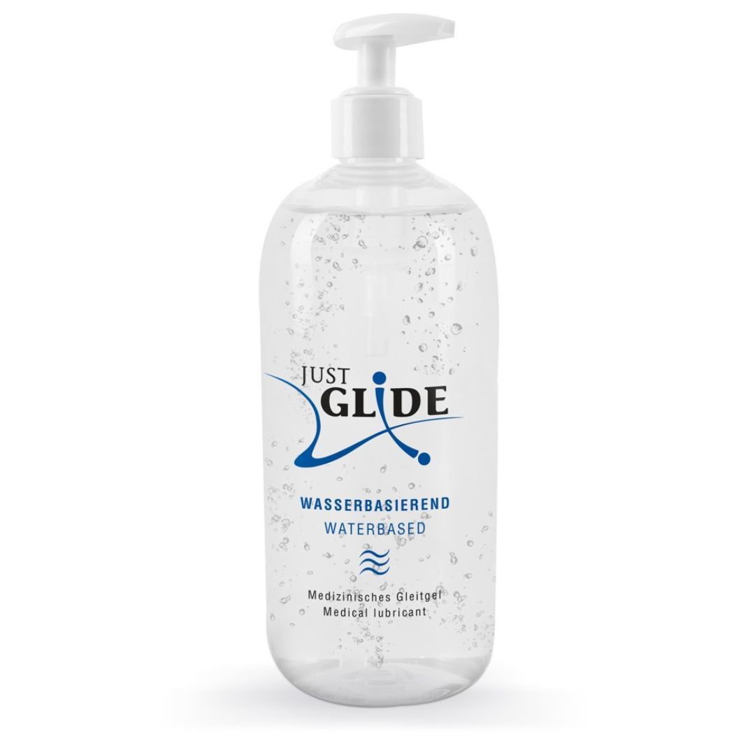 Flacone trasparente con dosatore. Scritta: JUST GLIDE, a base d'acqua, gel lubrificante medico.