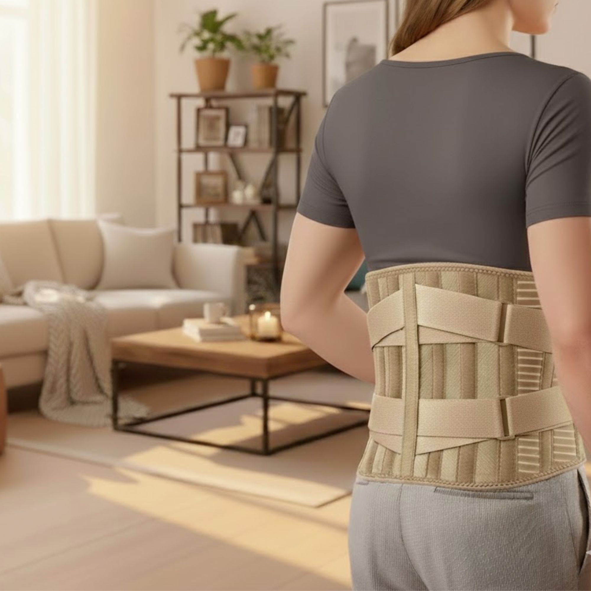 Fascia lombare sulla schiena di una donna. Beige, con cinghie. In un soggiorno.