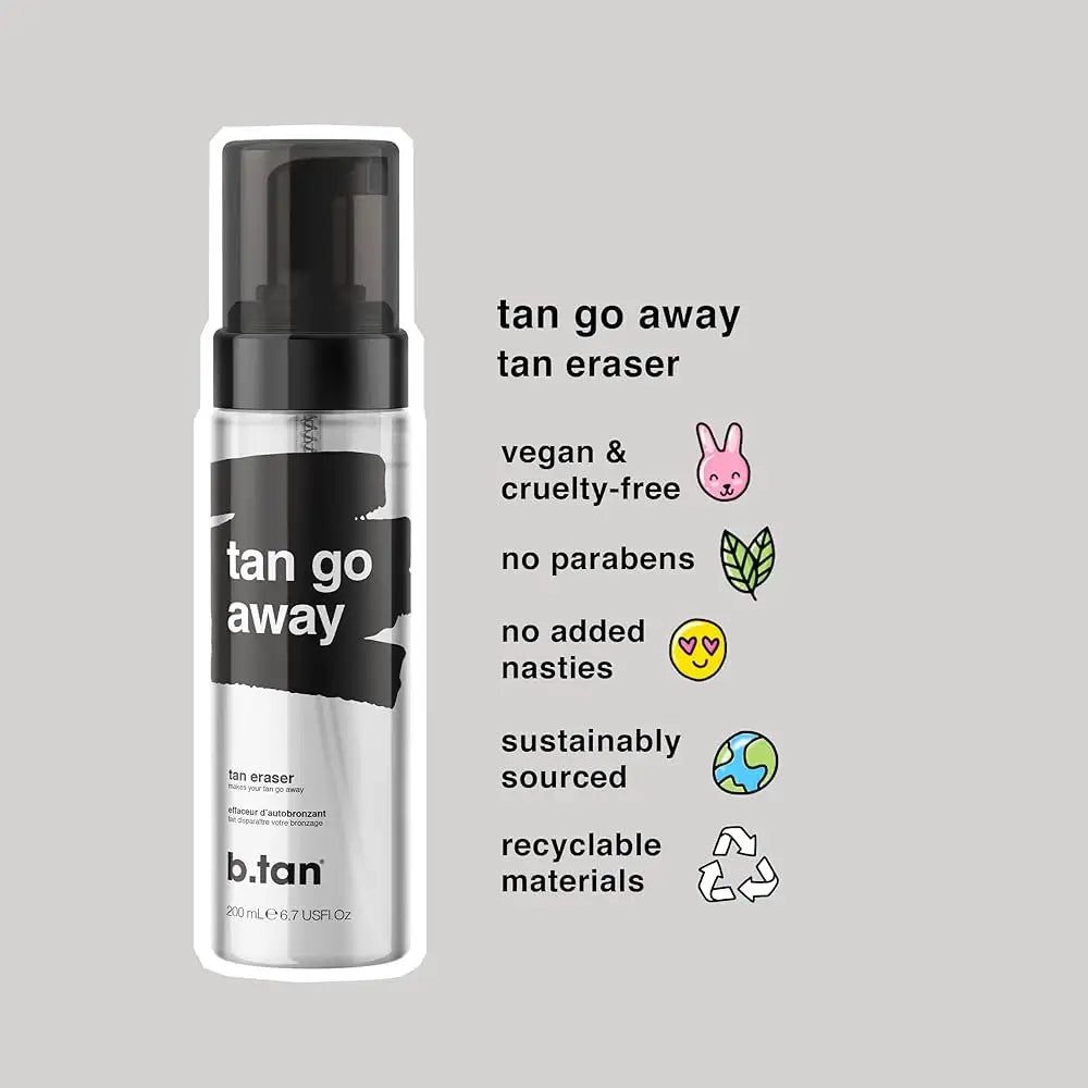 Flacone "tan go away". Tappo nero, flacone argento, stampa nera. Testo: vegano, cruelty-free, senza parabeni.