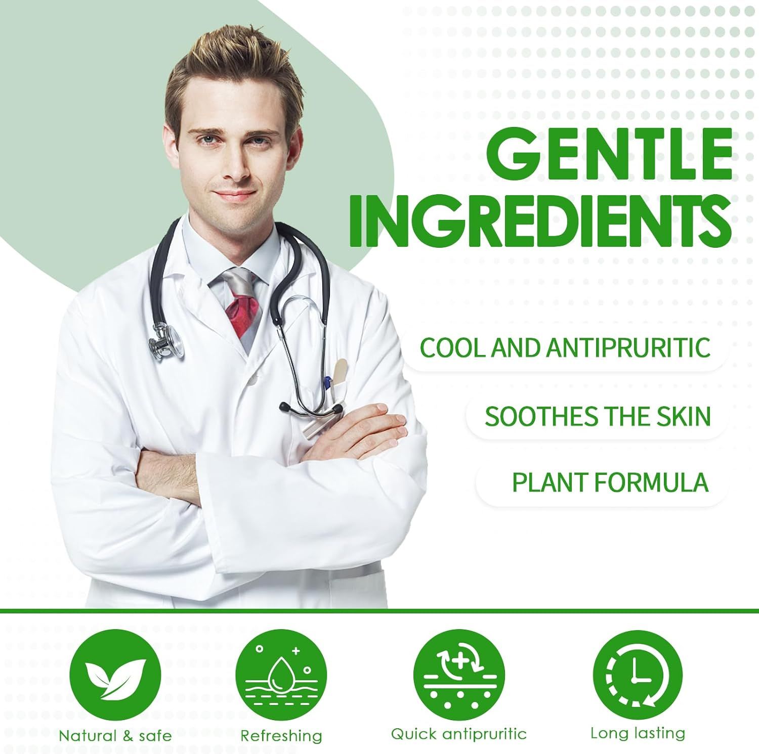 Medico con stetoscopio. Testo: Ingredienti delicati, rinfrescante e antipruriginoso, lenisce la pelle, formula vegetale.