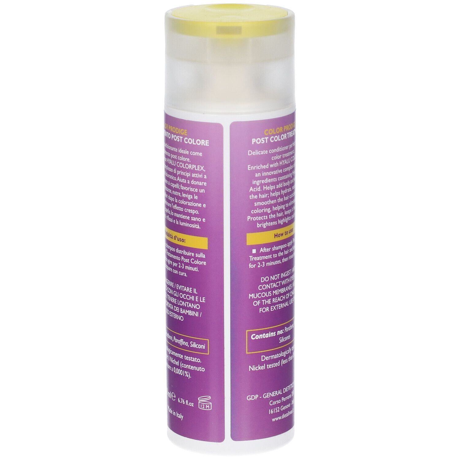 Flacone con tappo giallo. Scritta: Biokeratin Ach8 Trattamento Capelli Post Colore. Retro con testo e ingredienti.