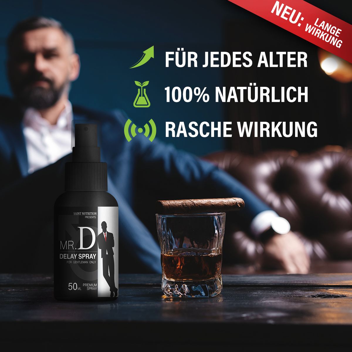 Flacone spray nero accanto a bicchiere di whisky e sigaro. Testo: Per tutte le età, 100% naturale, effetto rapido.
