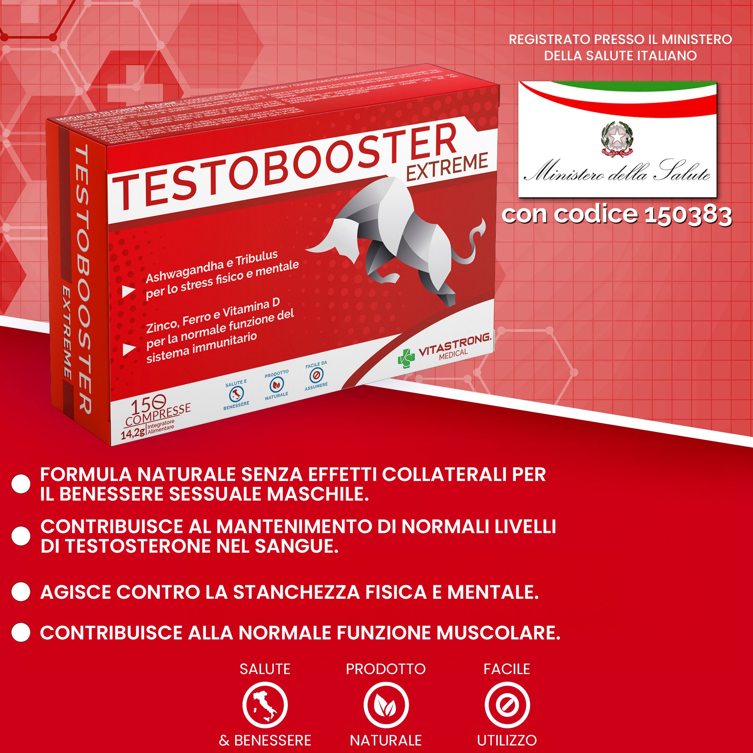 Confezione Testobooster Extreme, compresse, bicchiere d'acqua. 3 compresse al giorno. 15 compresse.