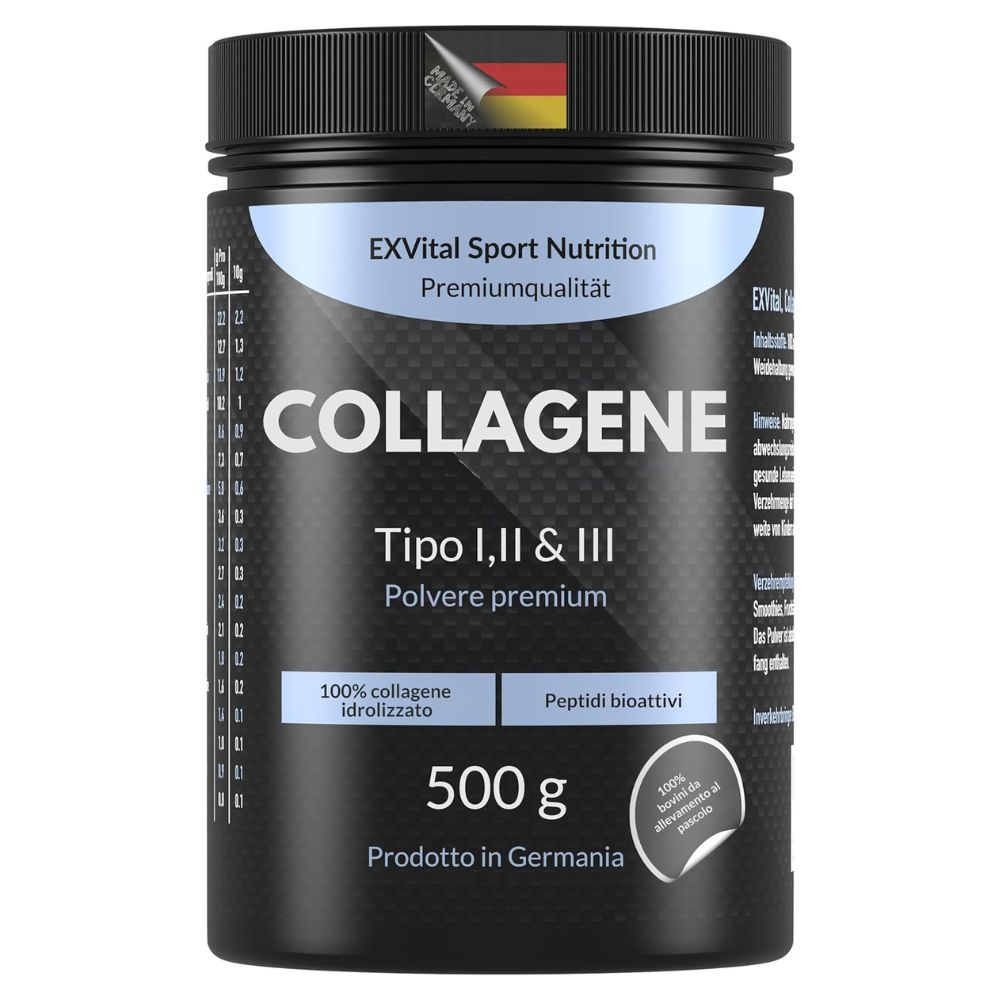 Barattolo nero Collagene, tipo I, II & III, 500g. 100% collagene idrolizzato. Peptidi bioattivi. Prodotto in Germania.