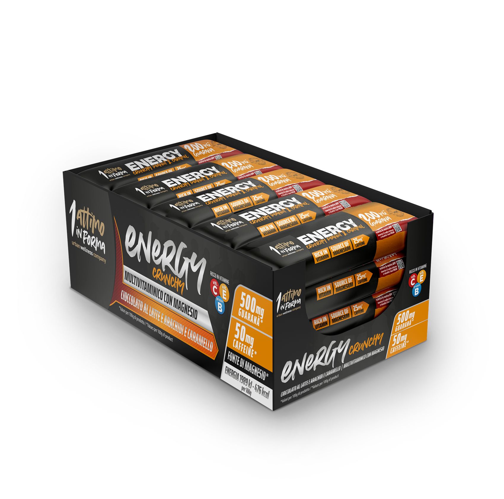 Confezione da 12 barrette ENERGY Crunchy, multivitaminiche, cioccolato, arachidi e caramello.
