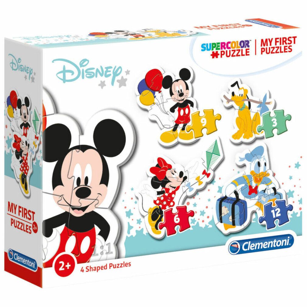 Scatola puzzle con motivi di Topolino. Contiene 4 puzzle per bambini dai 2 anni in su. Marchio: Clementoni. Scritta: My First Puzzles.