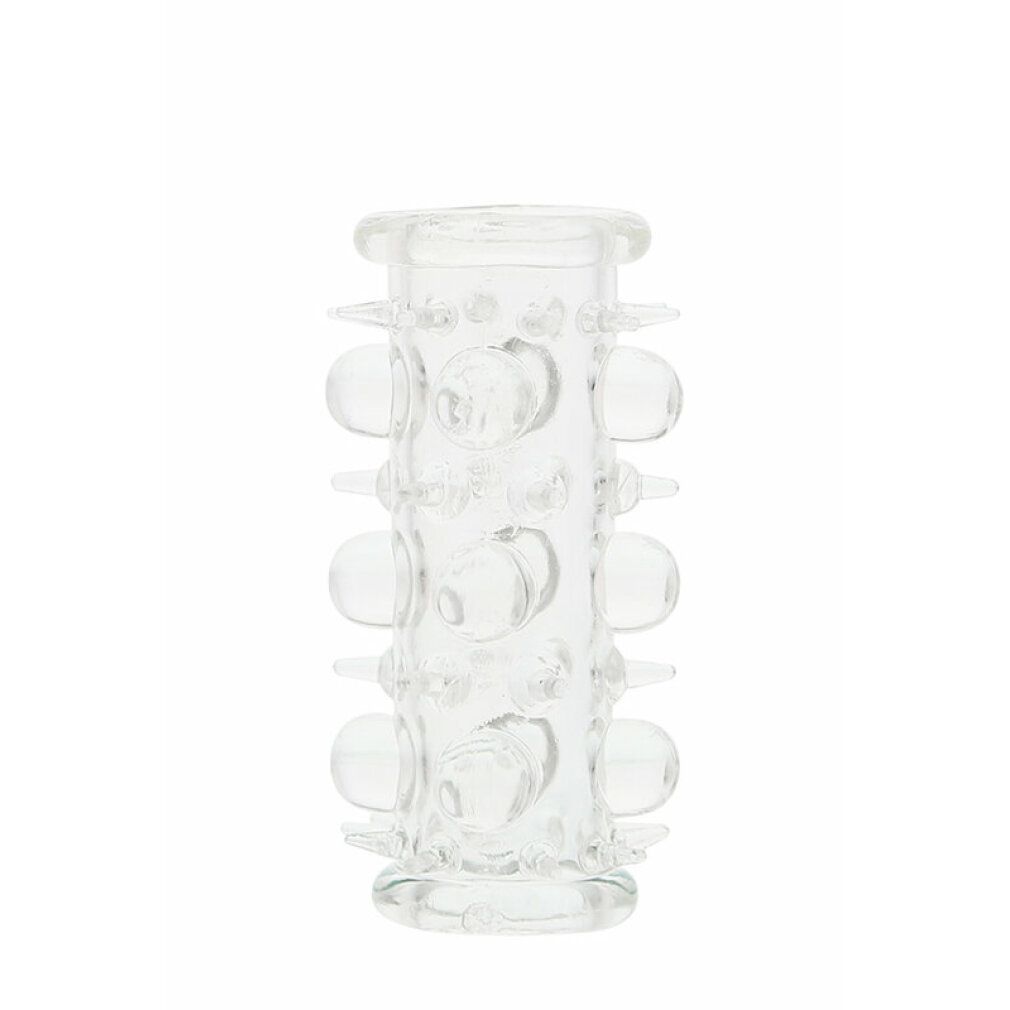 Manicotto in silicone trasparente con borchie e rilievi. Forma cilindrica. Prodotto senza confezione.