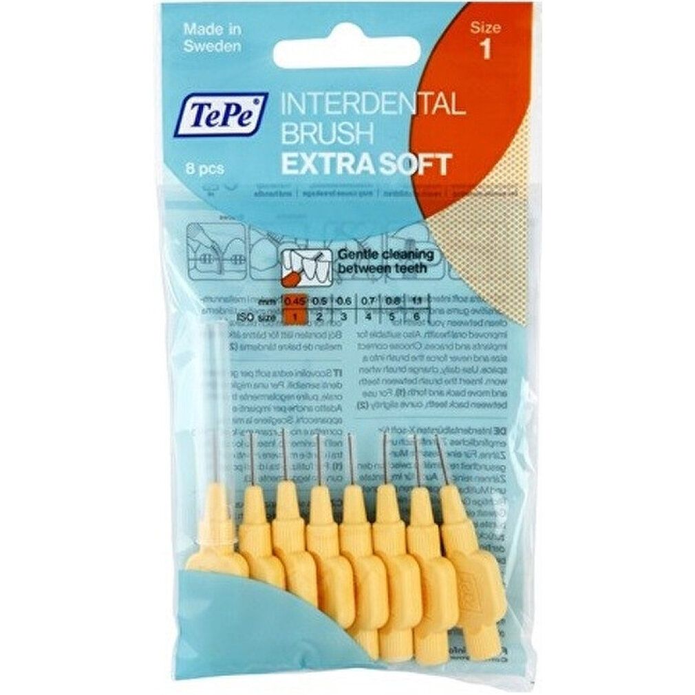 Confezione di spazzolini interdentali TePe gialli. Extra Soft, 8 pezzi. Scritta: Gentle cleaning between teeth.