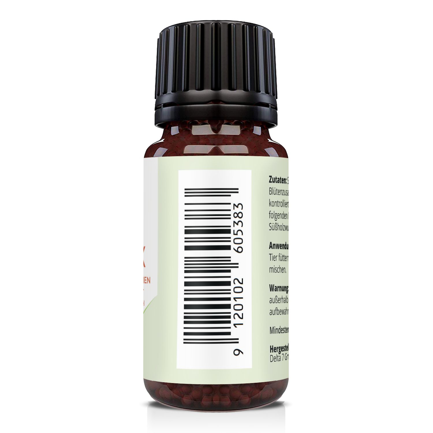 Retro di un flacone LAUSIX con codice a barre e informazioni dettagliate su ingredienti, uso e avvertenze. Vetro marrone, tappo nero.