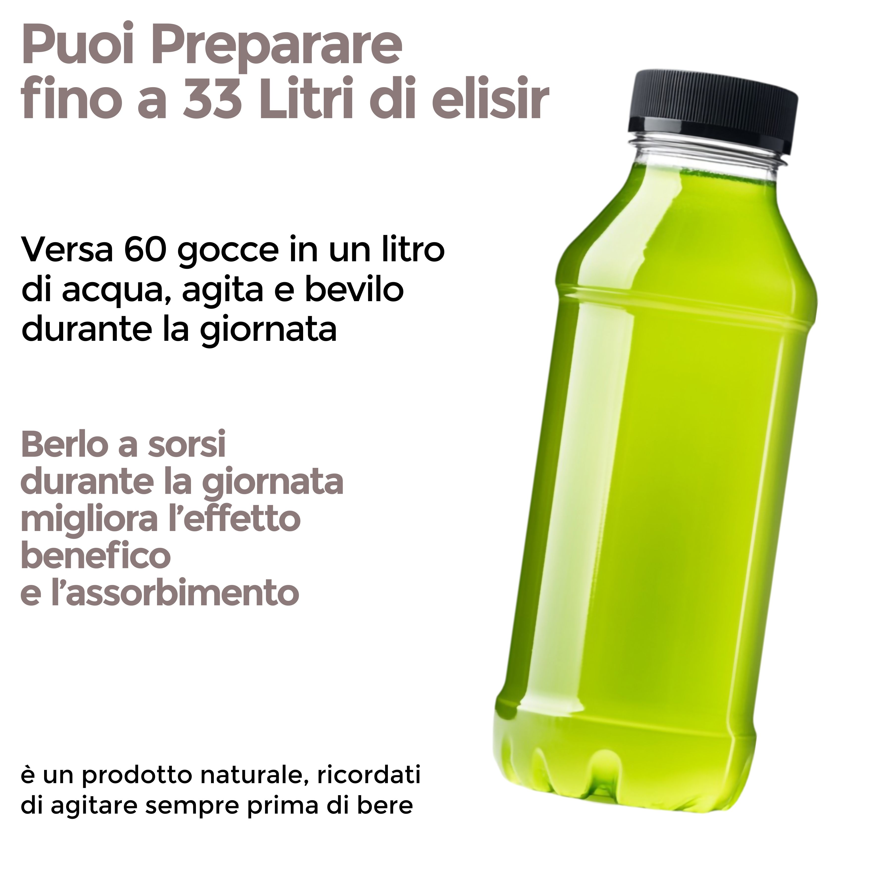 Bottiglia verde con liquido verde. Testo: 'Puoi preparare fino a 33 litri di elisir'.