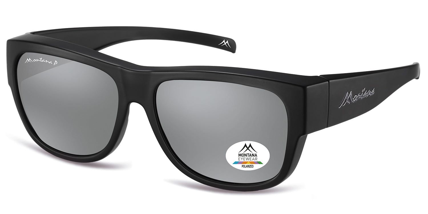 Occhiali da sole neri con lenti argentate. Logo Montana Eyewear e indicazione di polarizzazione.