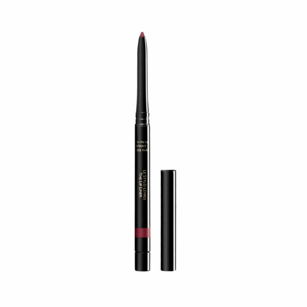 Matita labbra nera, aperta, con mina rossa. Scritta: Guerlain Le Stylo Lèvres. Tappo accanto.