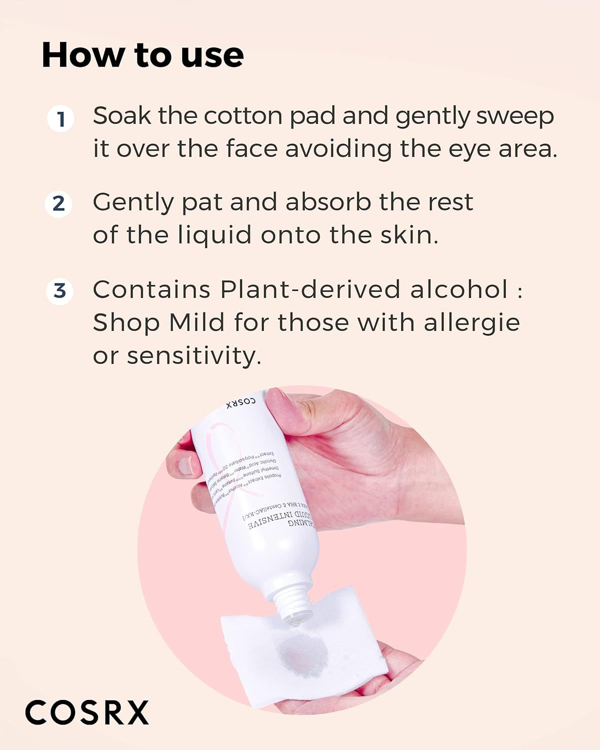 Utilizzo COSRX Calming Liquid Intensive: Imbevere un dischetto di cotone, passarlo sul viso. Lasciare assorbire il resto.