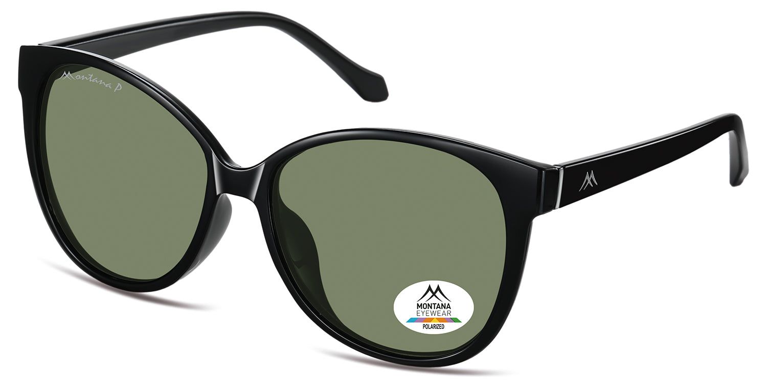 Occhiali da sole neri con lenti verdi. Logo Montana Eyewear e sigillo polarizzato. Forma a occhi di gatto.