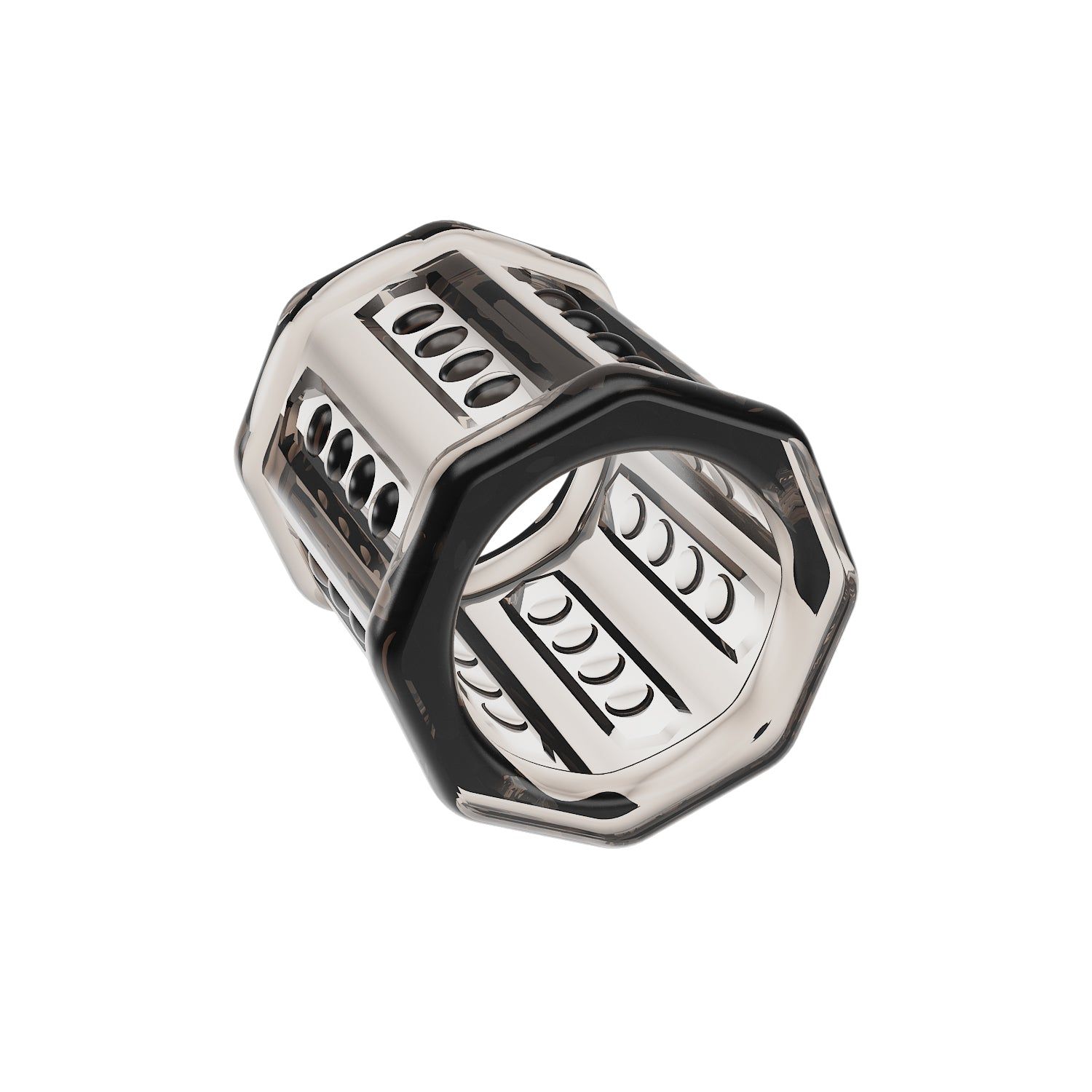 Prodotto esagonale trasparente con aperture e barre verticali. Accenti neri.