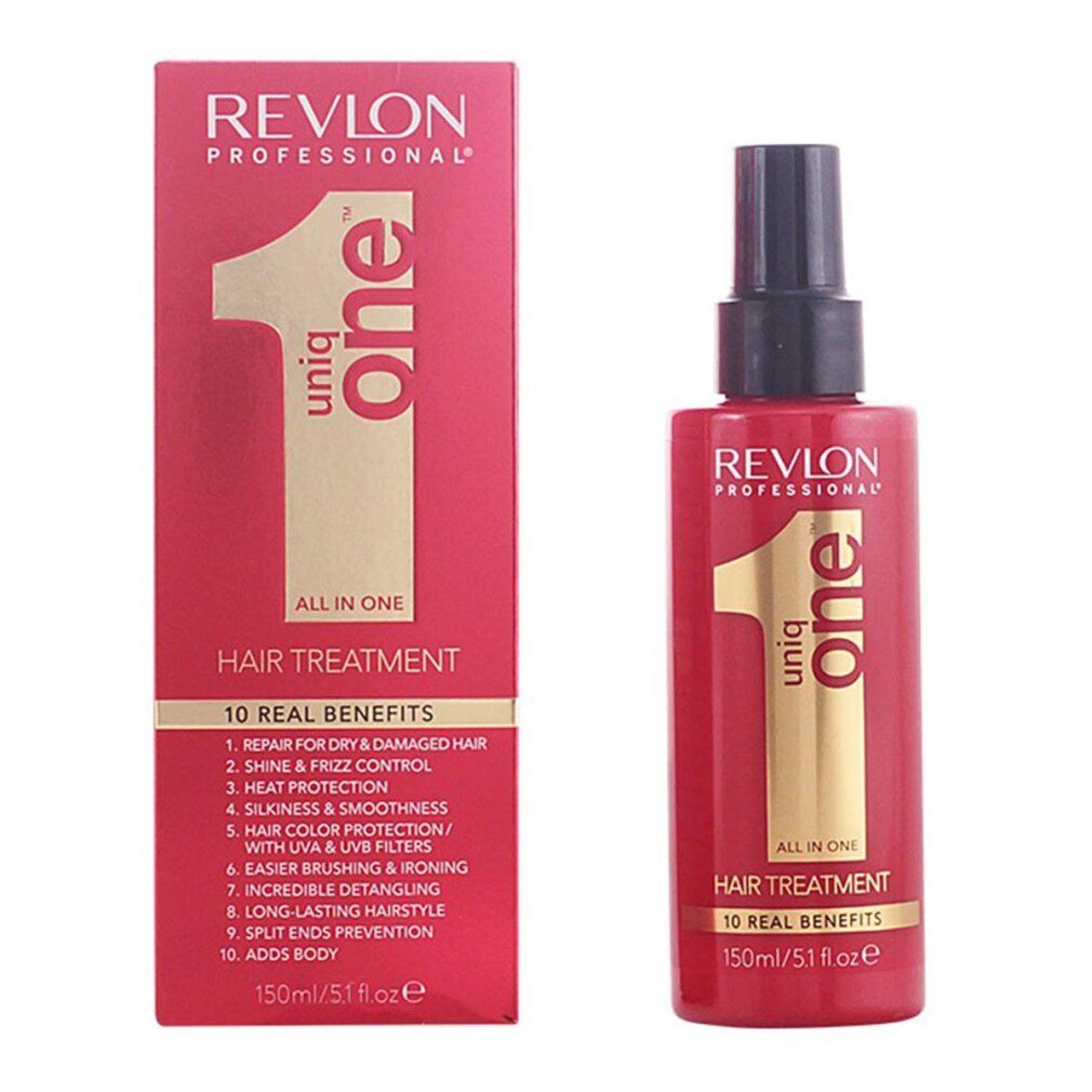 Flacone e confezione Revlon Uniq One rossi. Scritta: All in One Hair Treatment. 10 benefici. Erogatore spray.