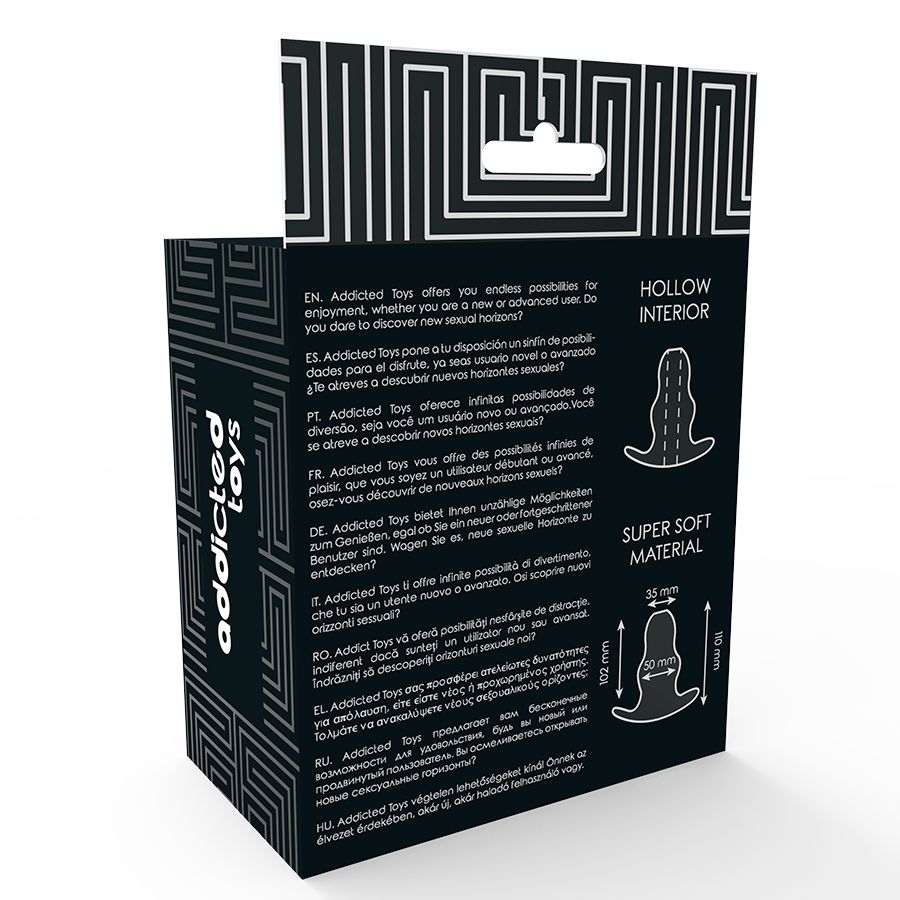 Retro della confezione. Testo multilingue. Illustrazioni del prodotto e dimensioni.