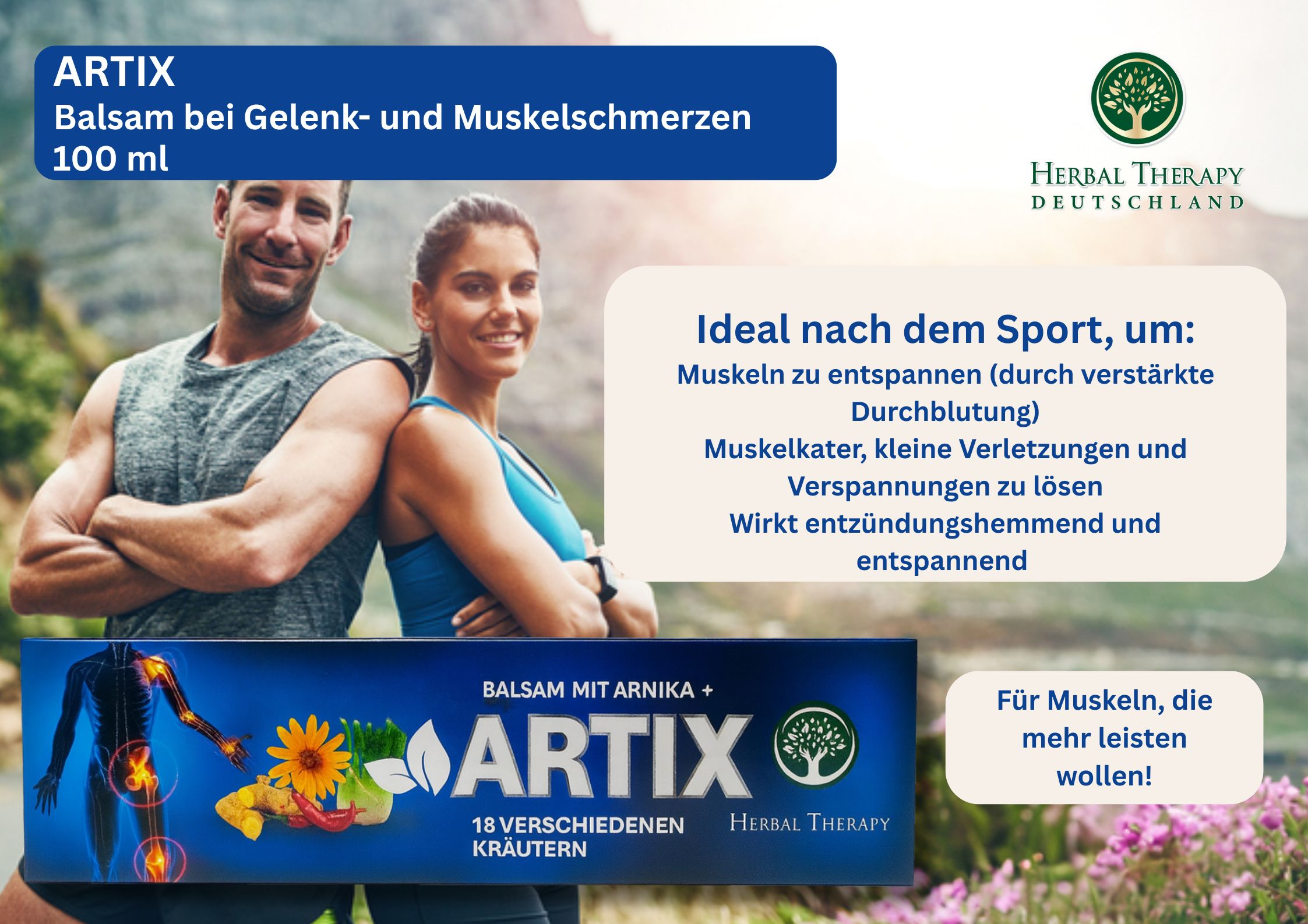 Foto pubblicitaria. Uomo e donna. Tubo e scatola con scritta ARTIX. Testo: Balsamo per dolori articolari e muscolari.
