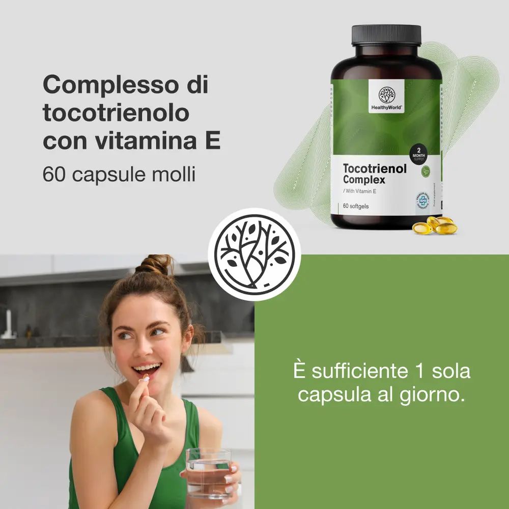 Bottiglia Tocotrienol Complex con etichetta verde, 60 Softgels, con logo HealthyWorld.