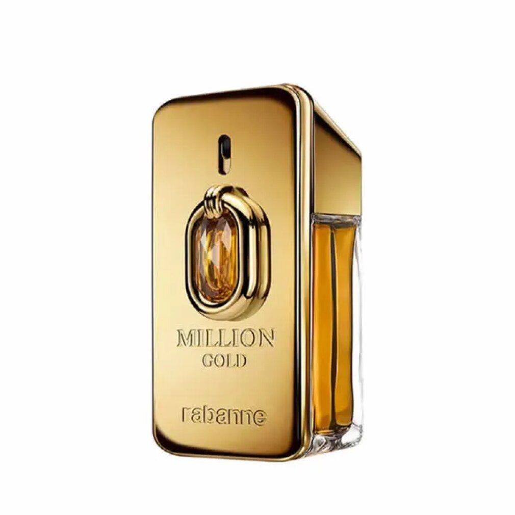 Flacone dorato con "Million Gold" e "rabanne". Forma rettangolare, chiusura dorata, pietra, vetro visibile.