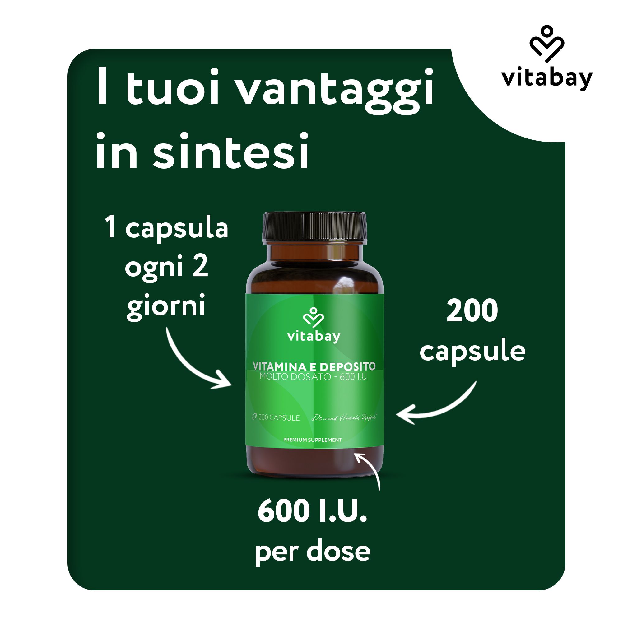 Vitamina E Vitabay: 200 softgel, 600 UI per dose.