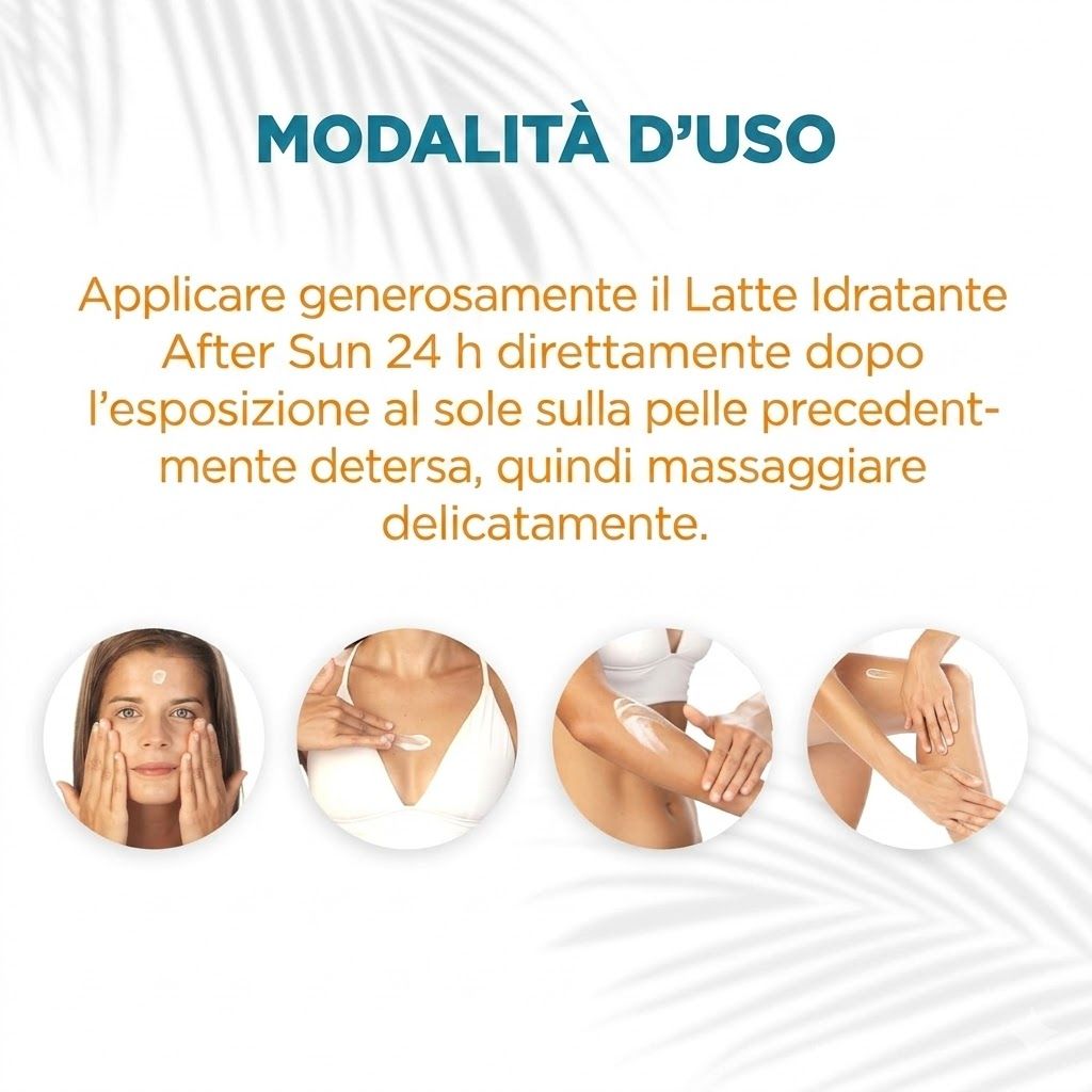 Applicazione di After Sun 24h Latte idratante. Donne applicano la lozione su viso, petto, braccia e gambe.