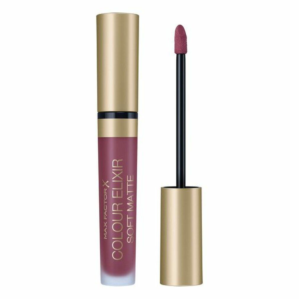 Rossetto con tappo dorato e applicatore. Scritta: Max Factor Colour Elixir Soft Matte.