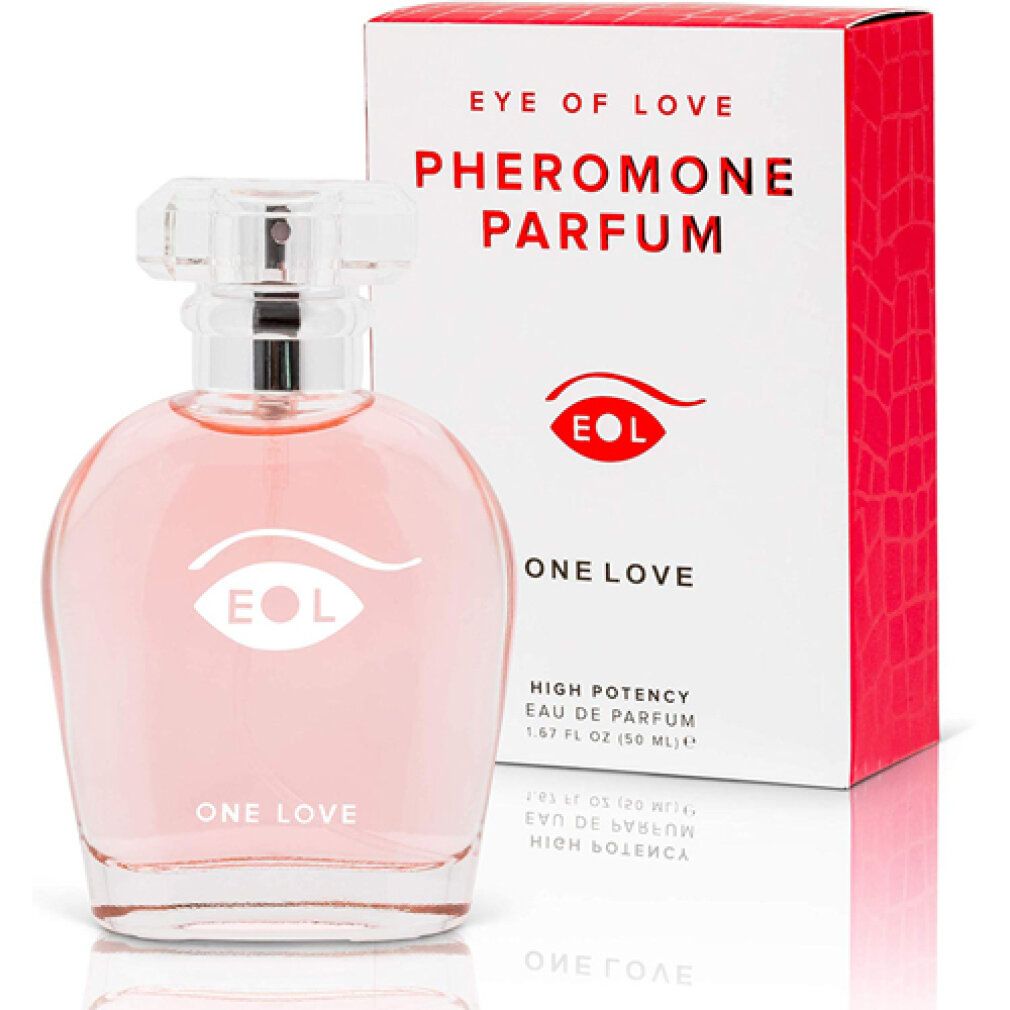 Flacone di profumo e confezione. Flacone rotondo, liquido rosa, tappo argentato. Confezione rossa, stampa bianca.