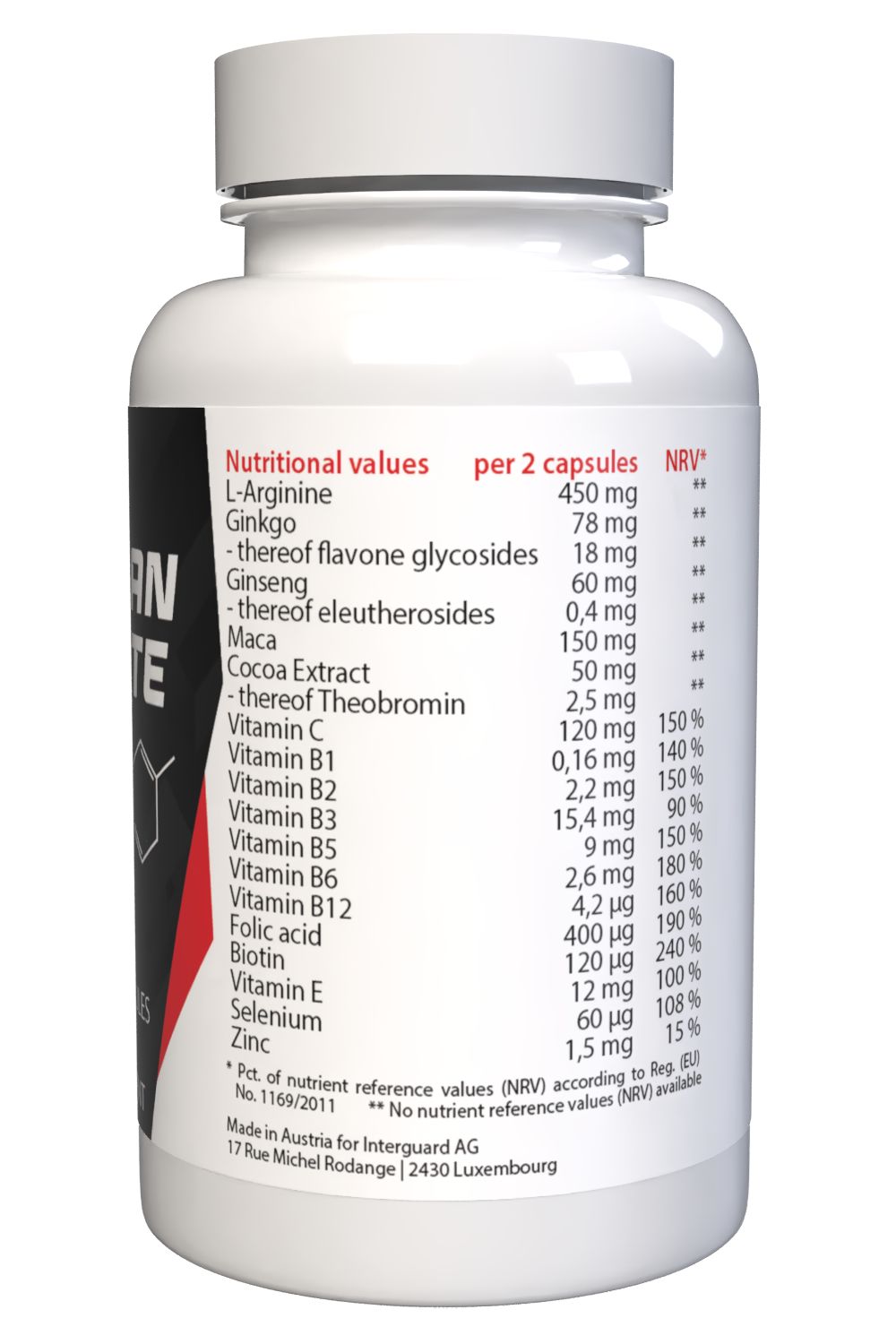 Retro di un flacone bianco. Testo: Valori nutrizionali per 2 capsule, VNR. Prodotto in Austria. Etichetta con accento rosso.