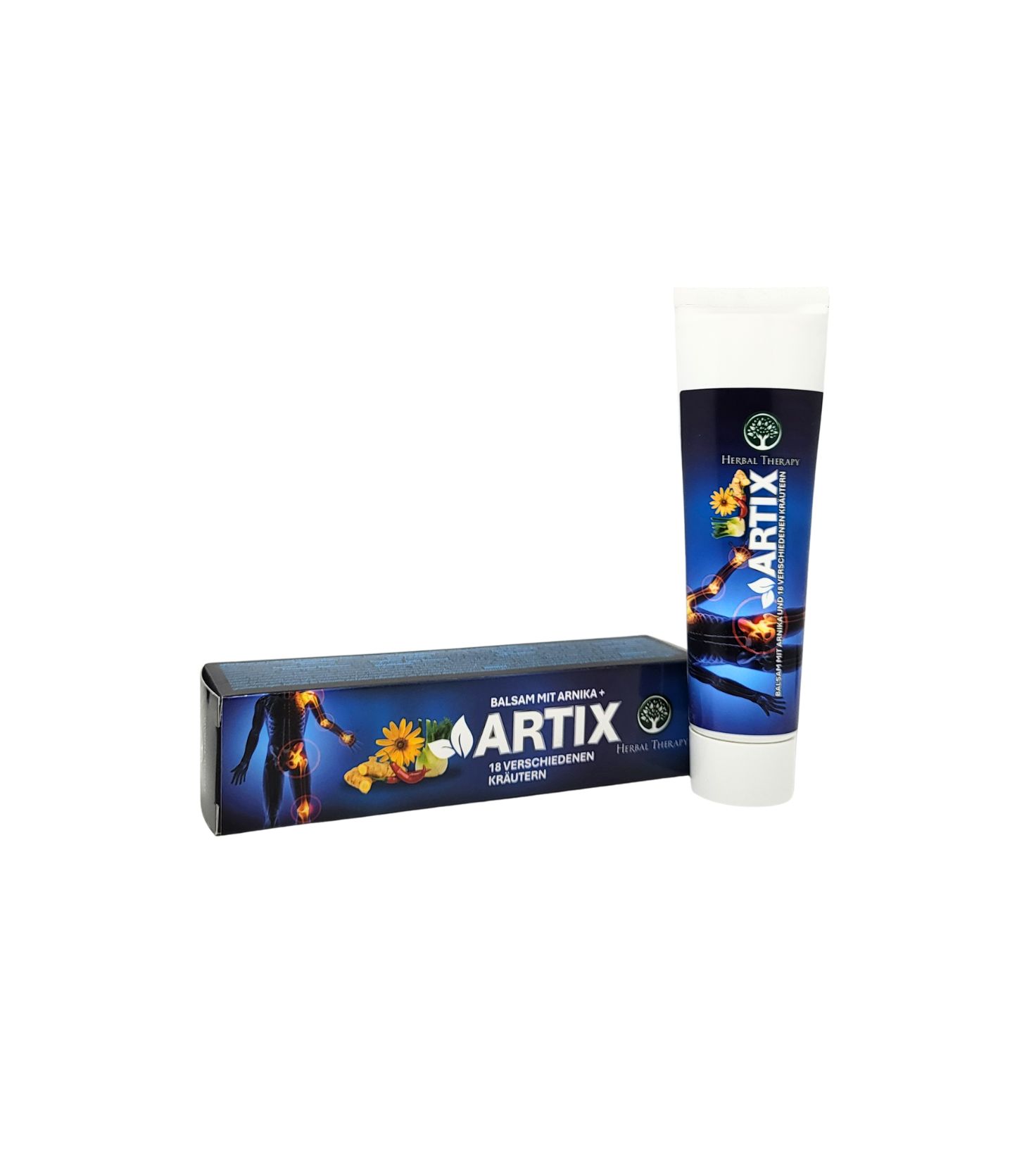 Tubo e scatola. Tubo con etichetta blu, scritta ARTIX, Herbal Therapy. Scatola con scritta ARTIX.