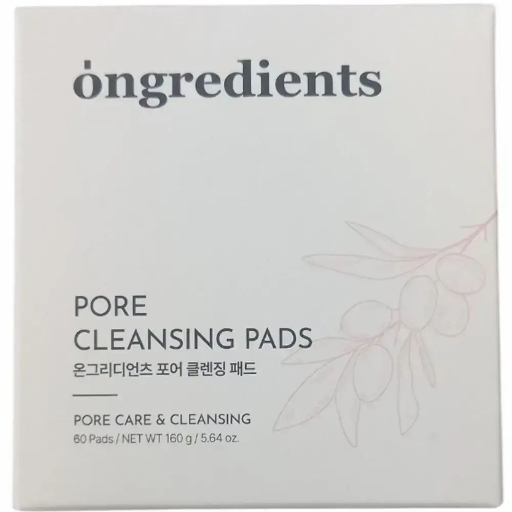 Confezione bianca di Pore Cleansing Pads. Testo: Pore Cleansing Pads, 60 Pads / NET WT 160 g / 5.64 oz. Illustrazione di ramo d'ulivo.