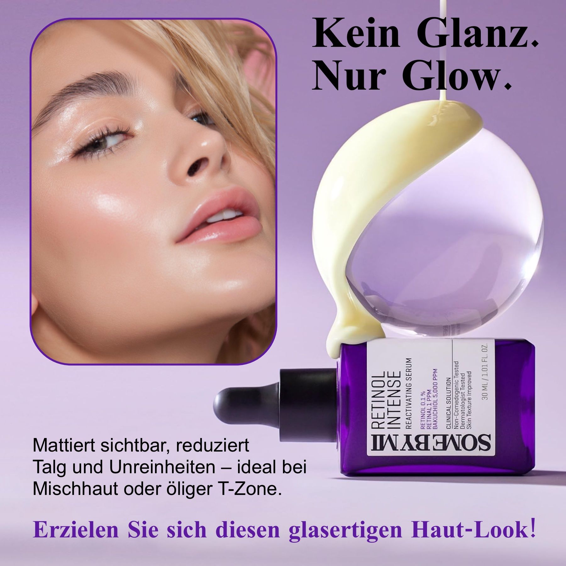 Prodotto e viso. Gocce di siero su una sfera. Scritta: Retinol Intense Reactivating Serum. Marchio: Some By Mi. Testo sulla pelle.